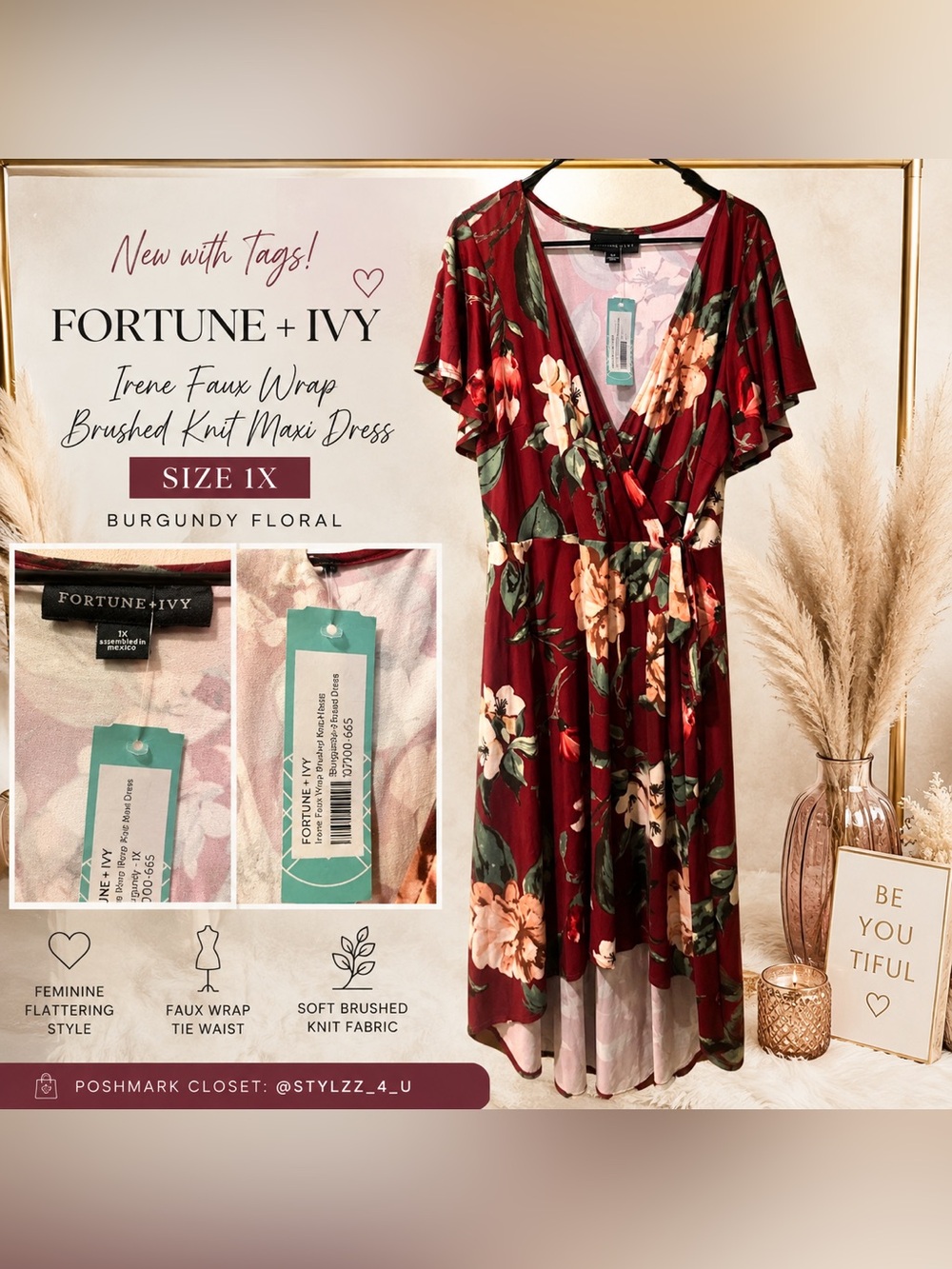 Fortune + Ivy Irene Faux Wrap Maxi Dress Burgundy & Green 1X NWT